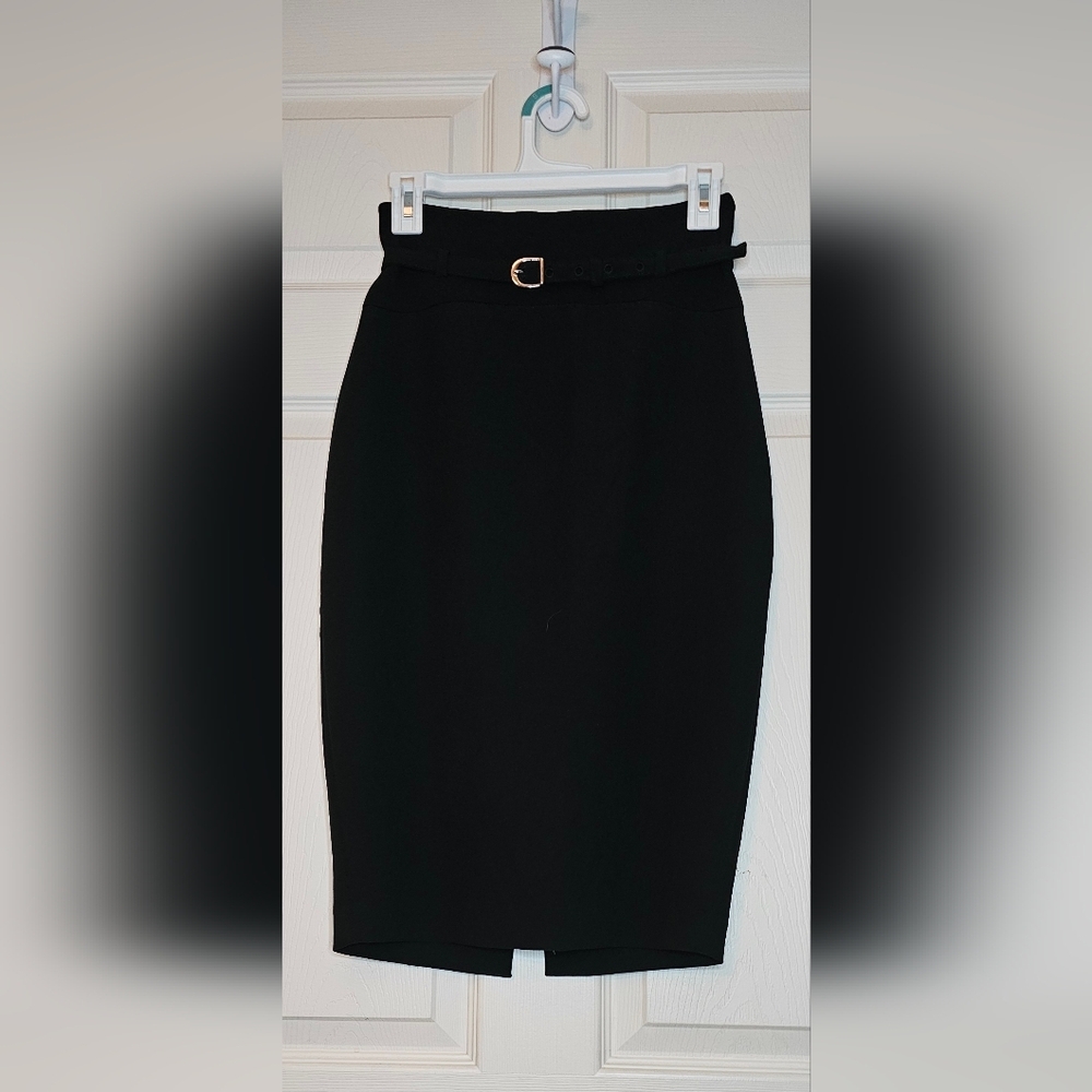 Express Black Belted Pencil Skirt | High-Waisted Editor Midi Skirt - Size 2